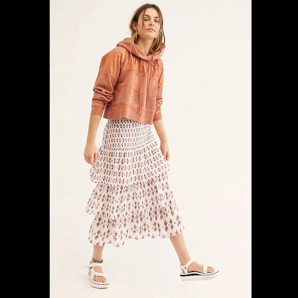 FREE PEOPLE Womens Cha Cha Tiered Cotton Midi Patterned Printed Skirt Size 0 - Picture 2 of 9